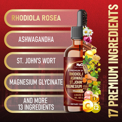 NUQIIT 17in1 Rhodiola Rosea Liquid Drops Tincture w/Ashwagandha Magnesium, L-Theanine. Ultra Rhodiola Cortisol Supplement, Rhodiola Root for Mood, Energy - 1 FL Oz - 60 Day Supply - dailyvitalstore