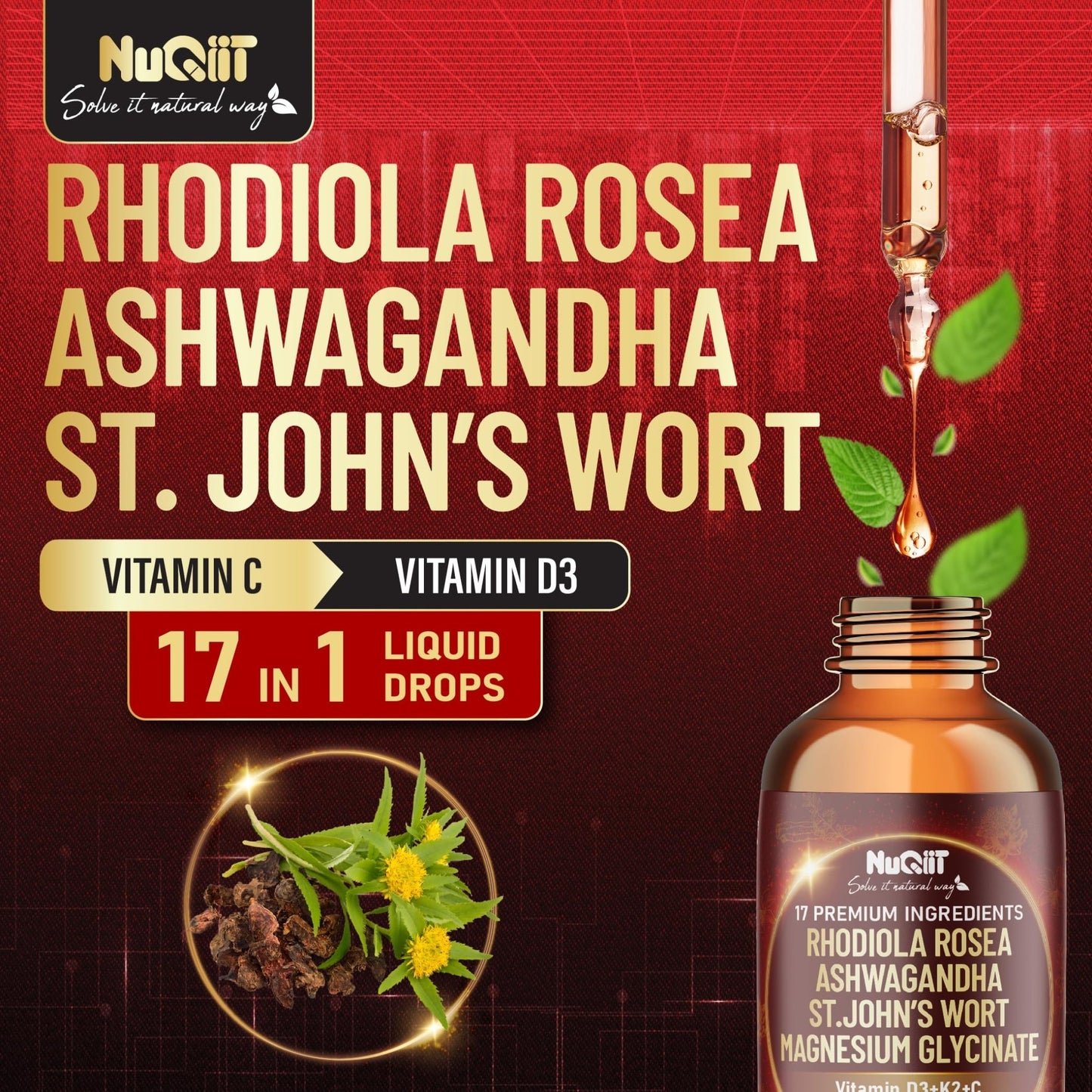 NUQIIT 17in1 Rhodiola Rosea Liquid Drops Tincture w/Ashwagandha Magnesium, L-Theanine. Ultra Rhodiola Cortisol Supplement, Rhodiola Root for Mood, Energy - 1 FL Oz - 60 Day Supply - dailyvitalstore