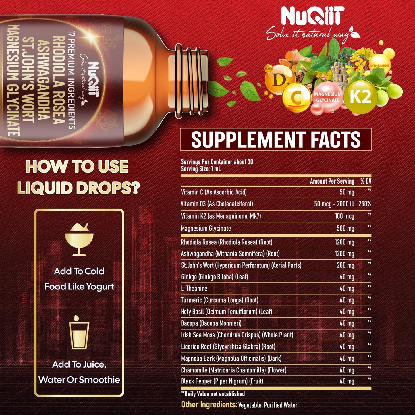 NUQIIT 17in1 Rhodiola Rosea Liquid Drops Tincture w/Ashwagandha Magnesium, L-Theanine. Ultra Rhodiola Cortisol Supplement, Rhodiola Root for Mood, Energy - 1 FL Oz - 60 Day Supply - dailyvitalstore
