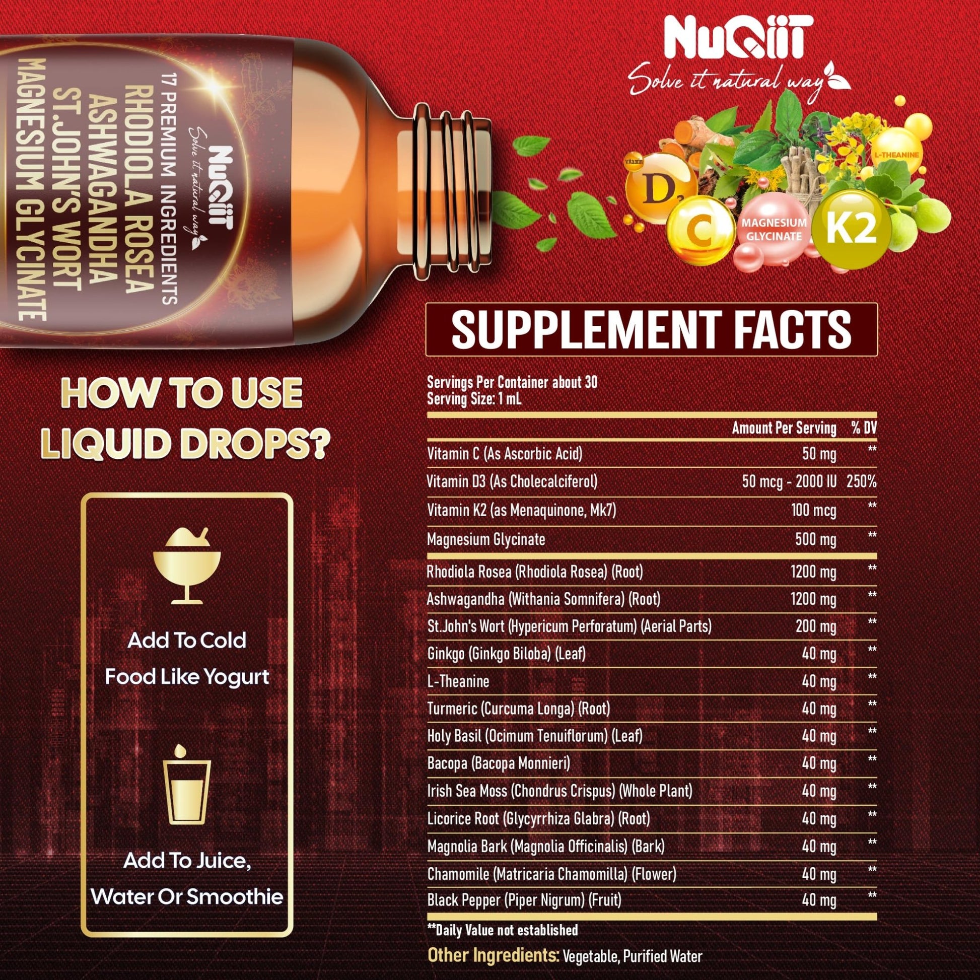 NUQIIT 17in1 Rhodiola Rosea Liquid Drops Tincture w/Ashwagandha Magnesium, L-Theanine. Ultra Rhodiola Cortisol Supplement, Rhodiola Root for Mood, Energy - 1 FL Oz - 60 Day Supply - dailyvitalstore