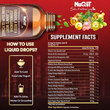 NUQIIT 17in1 Rhodiola Rosea Liquid Drops Tincture w/Ashwagandha Magnesium, L-Theanine. Ultra Rhodiola Cortisol Supplement, Rhodiola Root for Mood, Energy - 1 FL Oz - 60 Day Supply - dailyvitalstore