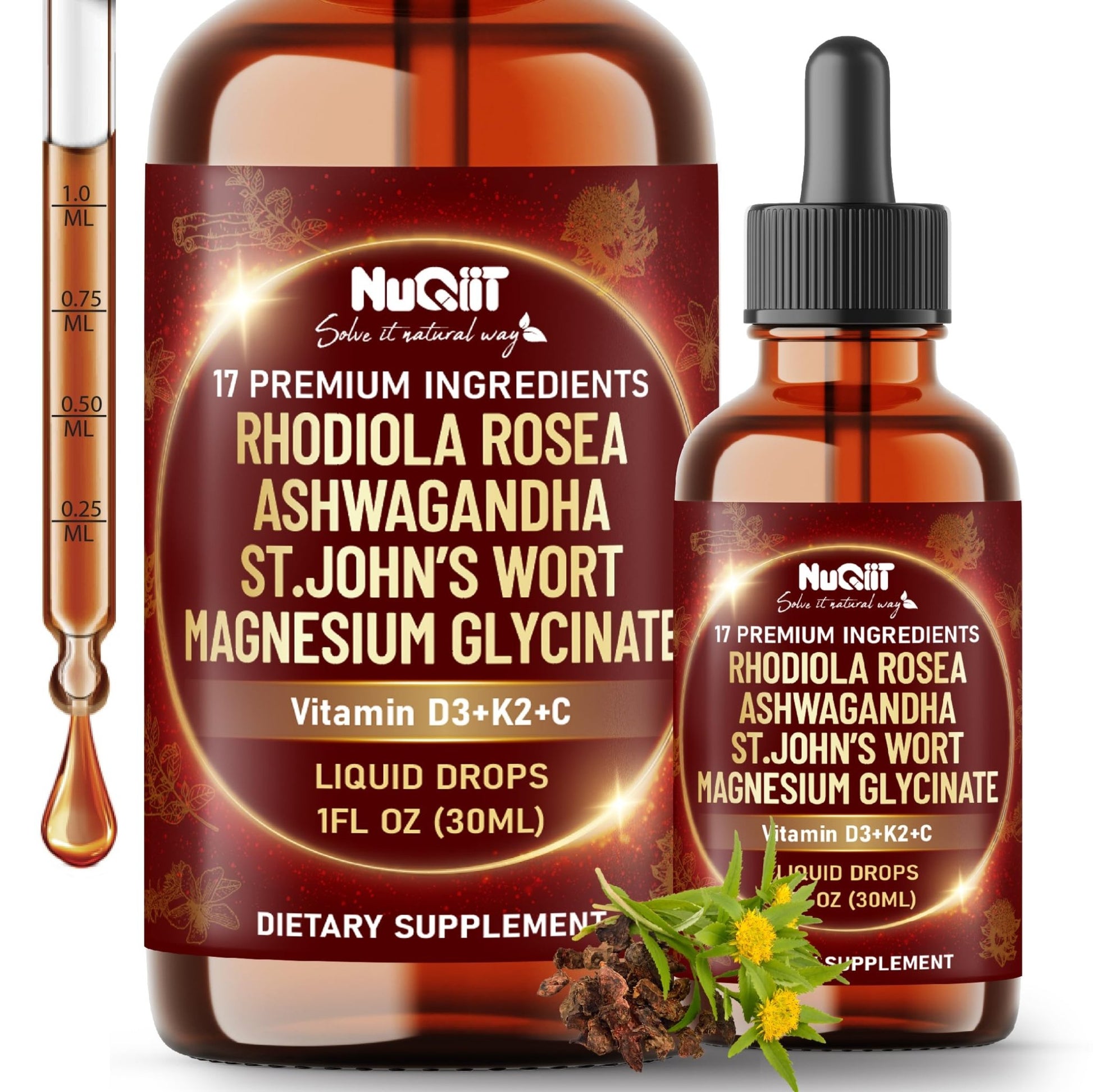 NUQIIT 17in1 Rhodiola Rosea Liquid Drops Tincture w/Ashwagandha Magnesium, L-Theanine. Ultra Rhodiola Cortisol Supplement, Rhodiola Root for Mood, Energy - 1 FL Oz - 60 Day Supply - dailyvitalstore