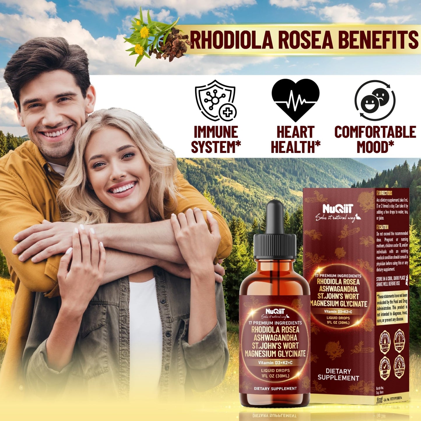 NUQIIT 17in1 Rhodiola Rosea Liquid Drops Tincture w/Ashwagandha Magnesium, L-Theanine. Ultra Rhodiola Cortisol Supplement, Rhodiola Root for Mood, Energy - 1 FL Oz - 60 Day Supply - dailyvitalstore