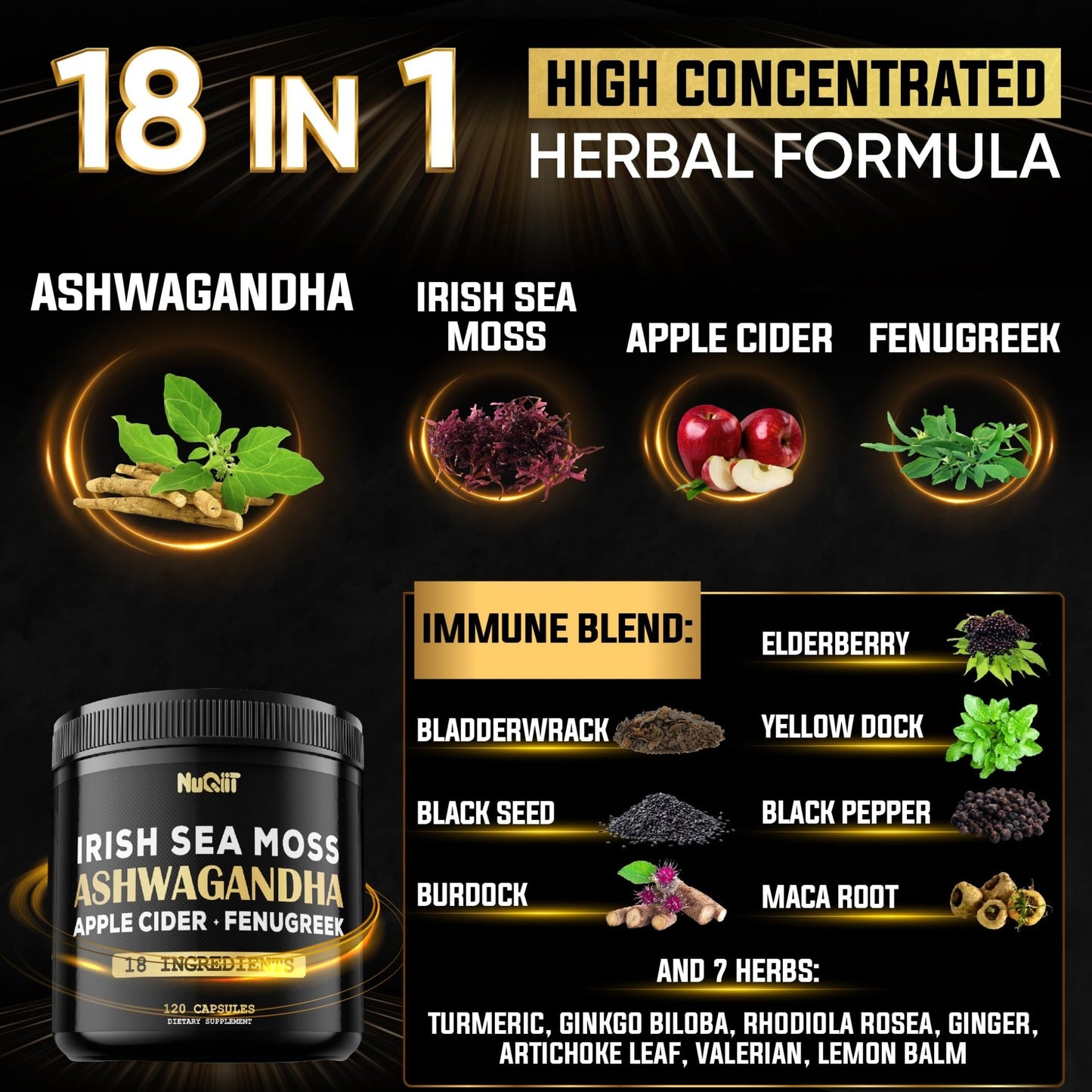 NUQIIT Organic Ashwangdha Capsules 15000mg Irish Sea Moss Apple Cider Vinegar & More - Support Brain Health, Strength & Immune System - 120 Vegan Capsules - dailyvitalstore