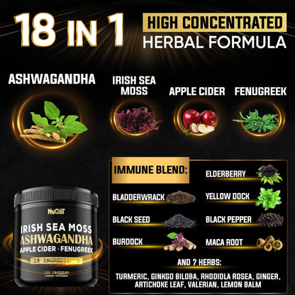 NUQIIT Organic Ashwangdha Capsules 15000mg Irish Sea Moss Apple Cider Vinegar & More - Support Brain Health, Strength & Immune System - 120 Vegan Capsules - dailyvitalstore