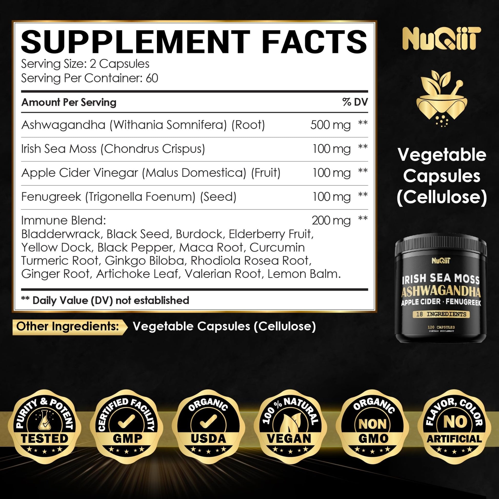 NUQIIT Organic Ashwangdha Capsules 15000mg Irish Sea Moss Apple Cider Vinegar & More - Support Brain Health, Strength & Immune System - 120 Vegan Capsules - dailyvitalstore