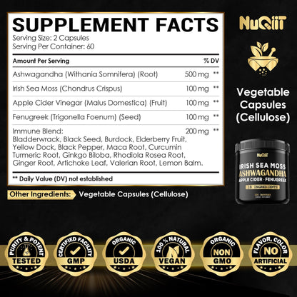 NUQIIT Organic Ashwangdha Capsules 15000mg Irish Sea Moss Apple Cider Vinegar & More - Support Brain Health, Strength & Immune System - 120 Vegan Capsules - dailyvitalstore