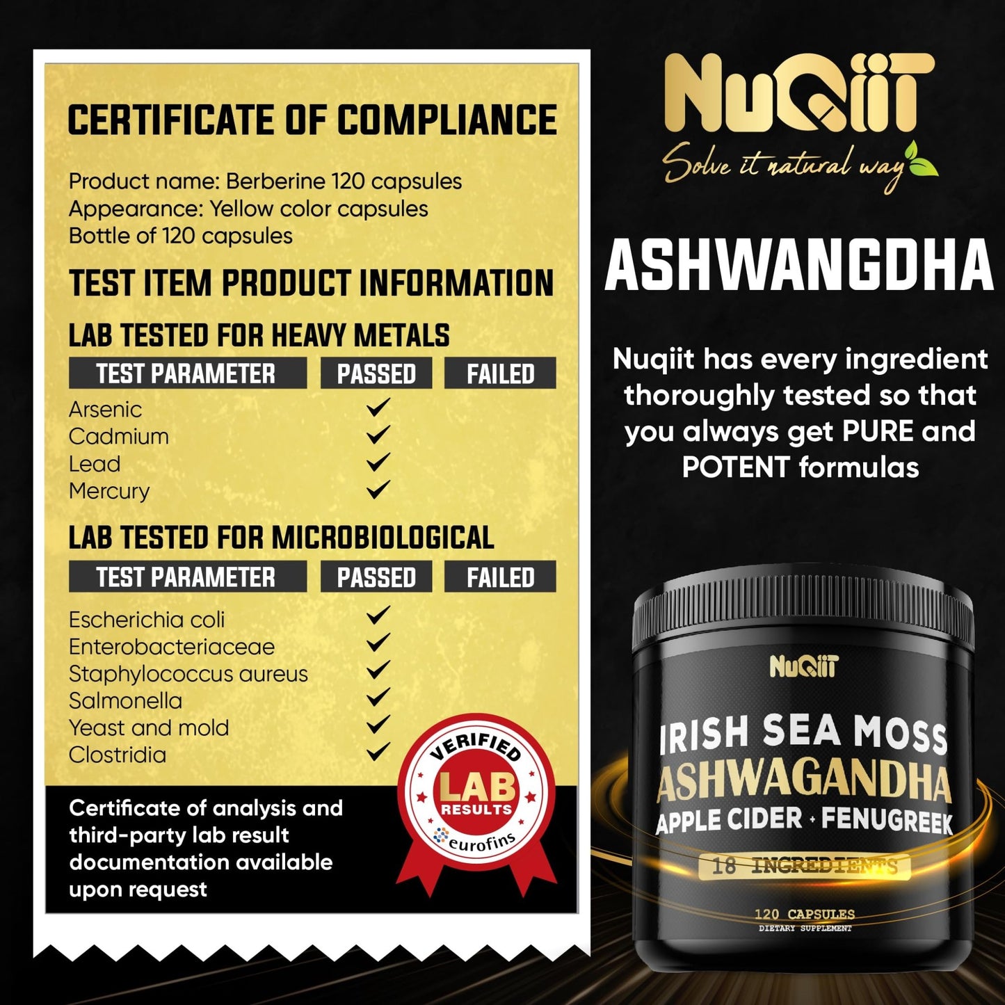 NUQIIT Organic Ashwangdha Capsules 15000mg Irish Sea Moss Apple Cider Vinegar & More - Support Brain Health, Strength & Immune System - 120 Vegan Capsules - dailyvitalstore