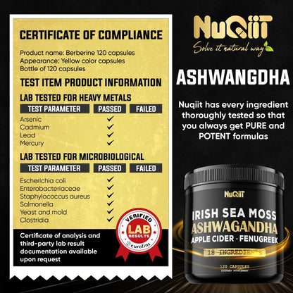 NUQIIT Organic Ashwangdha Capsules 15000mg Irish Sea Moss Apple Cider Vinegar & More - Support Brain Health, Strength & Immune System - 120 Vegan Capsules - dailyvitalstore
