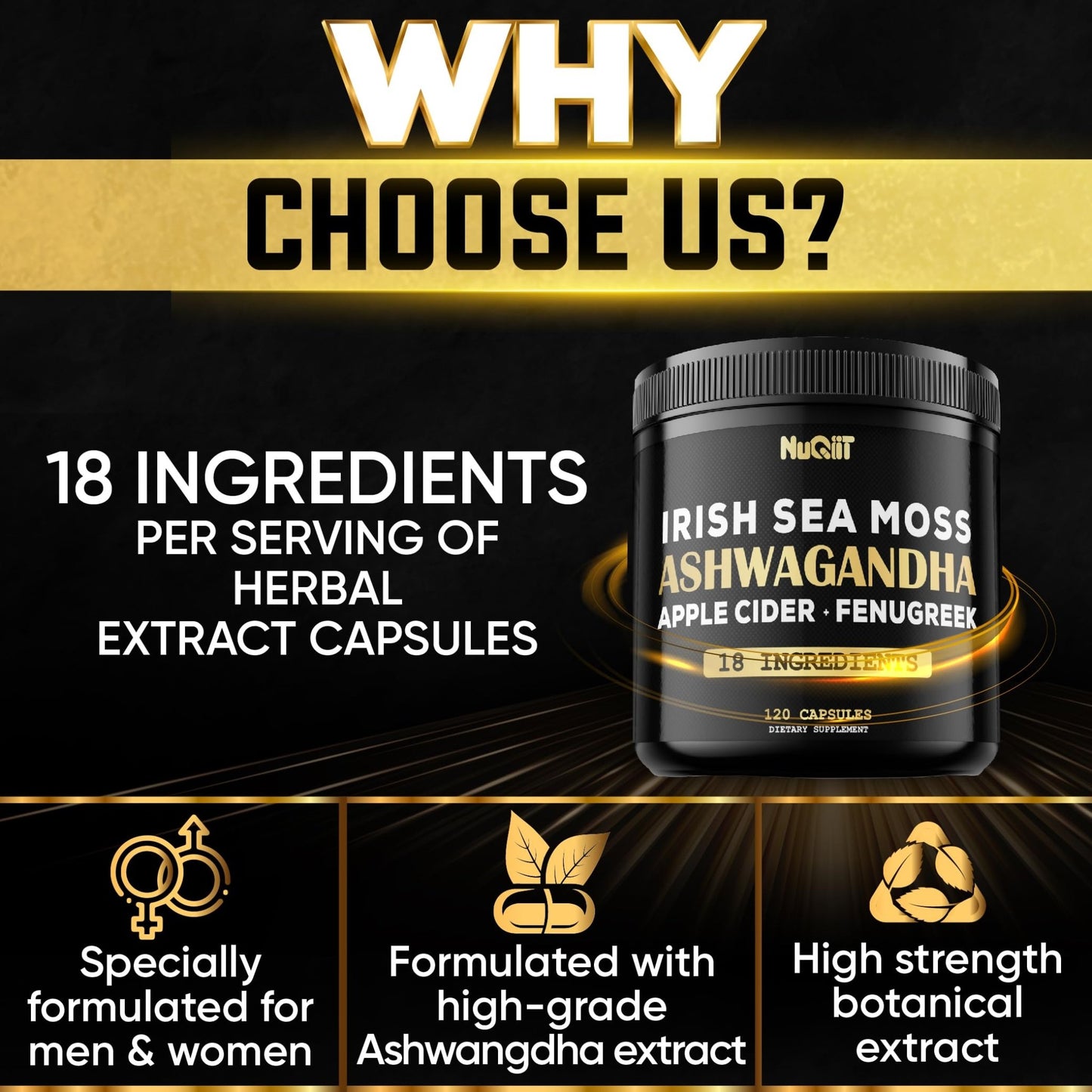 NUQIIT Organic Ashwangdha Capsules 15000mg Irish Sea Moss Apple Cider Vinegar & More - Support Brain Health, Strength & Immune System - 120 Vegan Capsules - dailyvitalstore