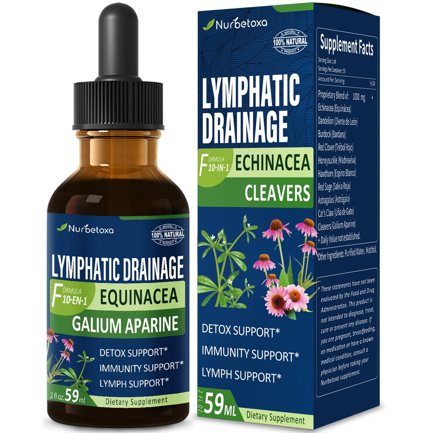 Nurbetoxa Cleavers Lymphatic Drainage Drops for Lymph System Detox Cleanse, Lymphedema Support Supplement Formula w/Echinacea, Cat’s Claw, Red Clover Extract Tincture, Use with Lymph Massage Tool. 2oz - dailyvitalstore