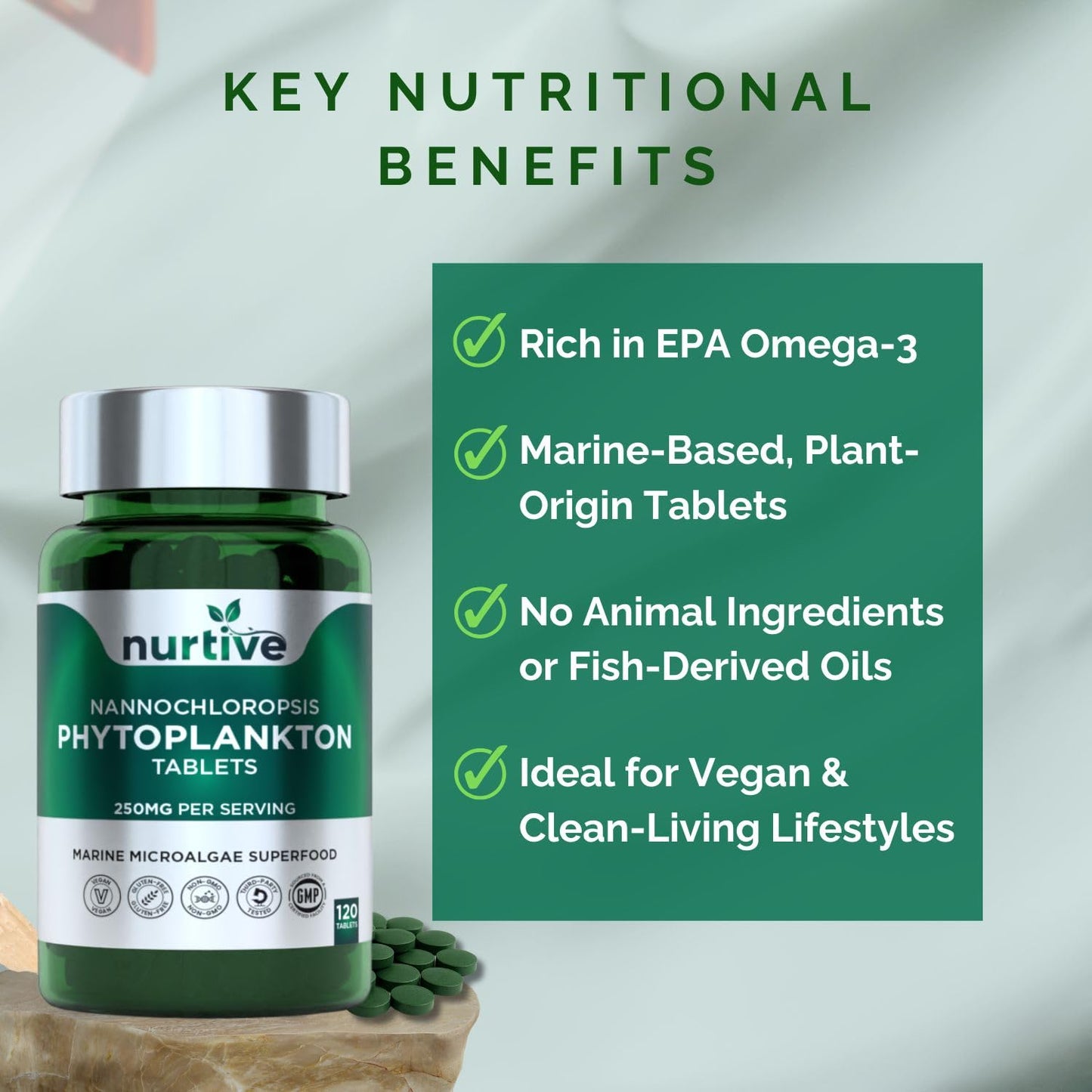 NURTIVE Nannochloropsis Phytoplankton Tablets – 250mg per Serving – Vegan, Gluten-Free, Non-GMO, No Fillers – Third-Party Tested, GMP Certified – 2 Tablets/Day for 2 Month, 120 Tablets/Bottle - dailyvitalstore
