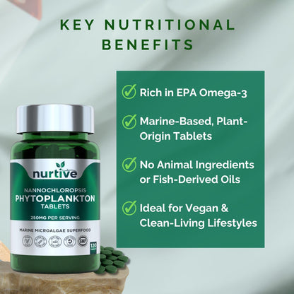 NURTIVE Nannochloropsis Phytoplankton Tablets – 250mg per Serving – Vegan, Gluten-Free, Non-GMO, No Fillers – Third-Party Tested, GMP Certified – 2 Tablets/Day for 2 Month, 120 Tablets/Bottle - dailyvitalstore