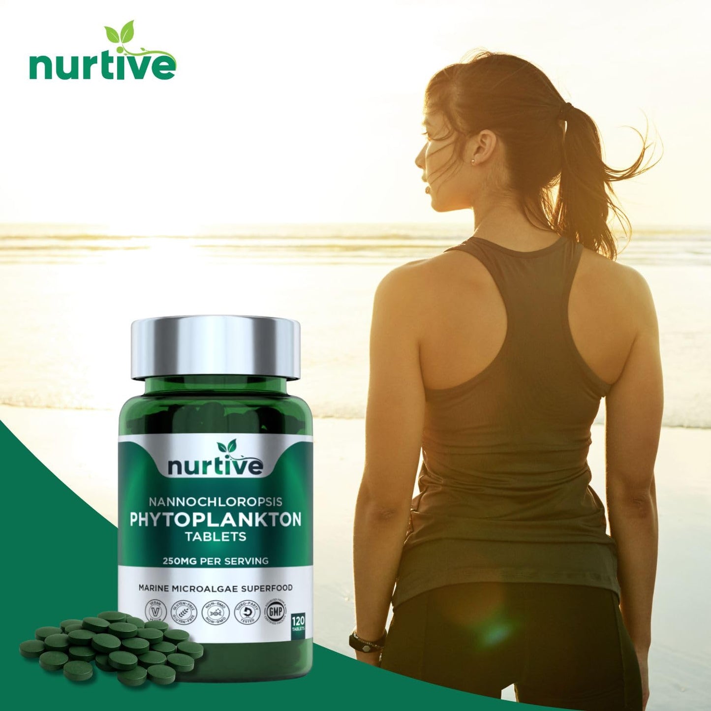 NURTIVE Nannochloropsis Phytoplankton Tablets – 250mg per Serving – Vegan, Gluten-Free, Non-GMO, No Fillers – Third-Party Tested, GMP Certified – 2 Tablets/Day for 2 Month, 120 Tablets/Bottle - dailyvitalstore