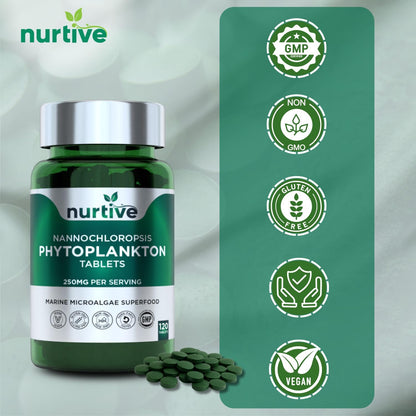 NURTIVE Nannochloropsis Phytoplankton Tablets – 250mg per Serving – Vegan, Gluten-Free, Non-GMO, No Fillers – Third-Party Tested, GMP Certified – 2 Tablets/Day for 2 Month, 120 Tablets/Bottle - dailyvitalstore