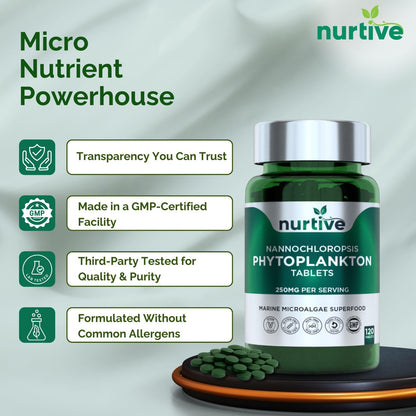 NURTIVE Nannochloropsis Phytoplankton Tablets – 250mg per Serving – Vegan, Gluten-Free, Non-GMO, No Fillers – Third-Party Tested, GMP Certified – 2 Tablets/Day for 2 Month, 120 Tablets/Bottle - dailyvitalstore