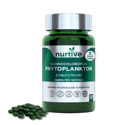 NURTIVE Nannochloropsis Phytoplankton Tablets – 250mg per Serving – Vegan, Gluten-Free, Non-GMO, No Fillers – Third-Party Tested, GMP Certified – 2 Tablets/Day for 2 Month, 120 Tablets/Bottle - dailyvitalstore