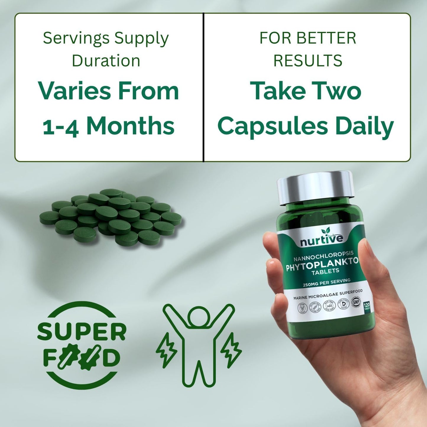 NURTIVE Nannochloropsis Phytoplankton Tablets – 250mg per Serving – Vegan, Gluten-Free, Non-GMO, No Fillers – Third-Party Tested, GMP Certified – 2 Tablets/Day for 2 Month, 120 Tablets/Bottle - dailyvitalstore