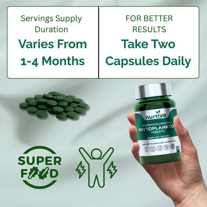 NURTIVE Nannochloropsis Phytoplankton Tablets – 250mg per Serving – Vegan, Gluten-Free, Non-GMO, No Fillers – Third-Party Tested, GMP Certified – 2 Tablets/Day for 2 Month, 120 Tablets/Bottle - dailyvitalstore