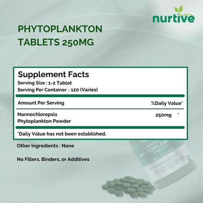 NURTIVE Nannochloropsis Phytoplankton Tablets – 250mg per Serving – Vegan, Gluten-Free, Non-GMO, No Fillers – Third-Party Tested, GMP Certified – 2 Tablets/Day for 2 Month, 120 Tablets/Bottle - dailyvitalstore
