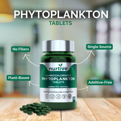 NURTIVE Nannochloropsis Phytoplankton Tablets – 250mg per Serving – Vegan, Gluten-Free, Non-GMO, No Fillers – Third-Party Tested, GMP Certified – 2 Tablets/Day for 2 Month, 120 Tablets/Bottle - dailyvitalstore