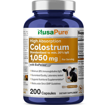 NusaPure Colostrum 1050mg 30% IgG 200 capsules (Non-GMO, Soyfree) Bioperine - dailyvitalstore