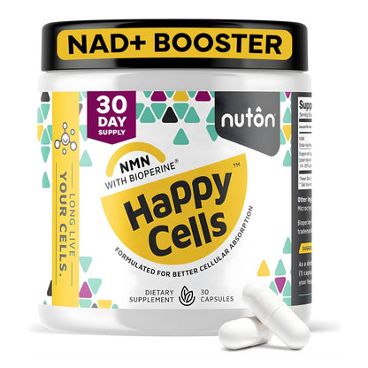 Nuton Happy Cells - NMN Supplement with Bioperine for Healthy Aging & Cellular Repair - NAD+ Supplement - Protects DNA, Promotes Skin Health & Brain Function - dailyvitalstore