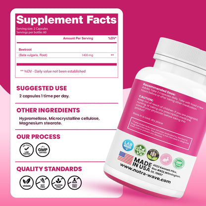 Nutra Wave 1400mg Organic Beet Root Capsules Per Serving – Nitric Oxide Booster for Men – Supports Blood Pressure, Energy, Circulation & Heart Health – Non-GMO, Vegan – 120 Capsules / 60 Day Supply - dailyvitalstore