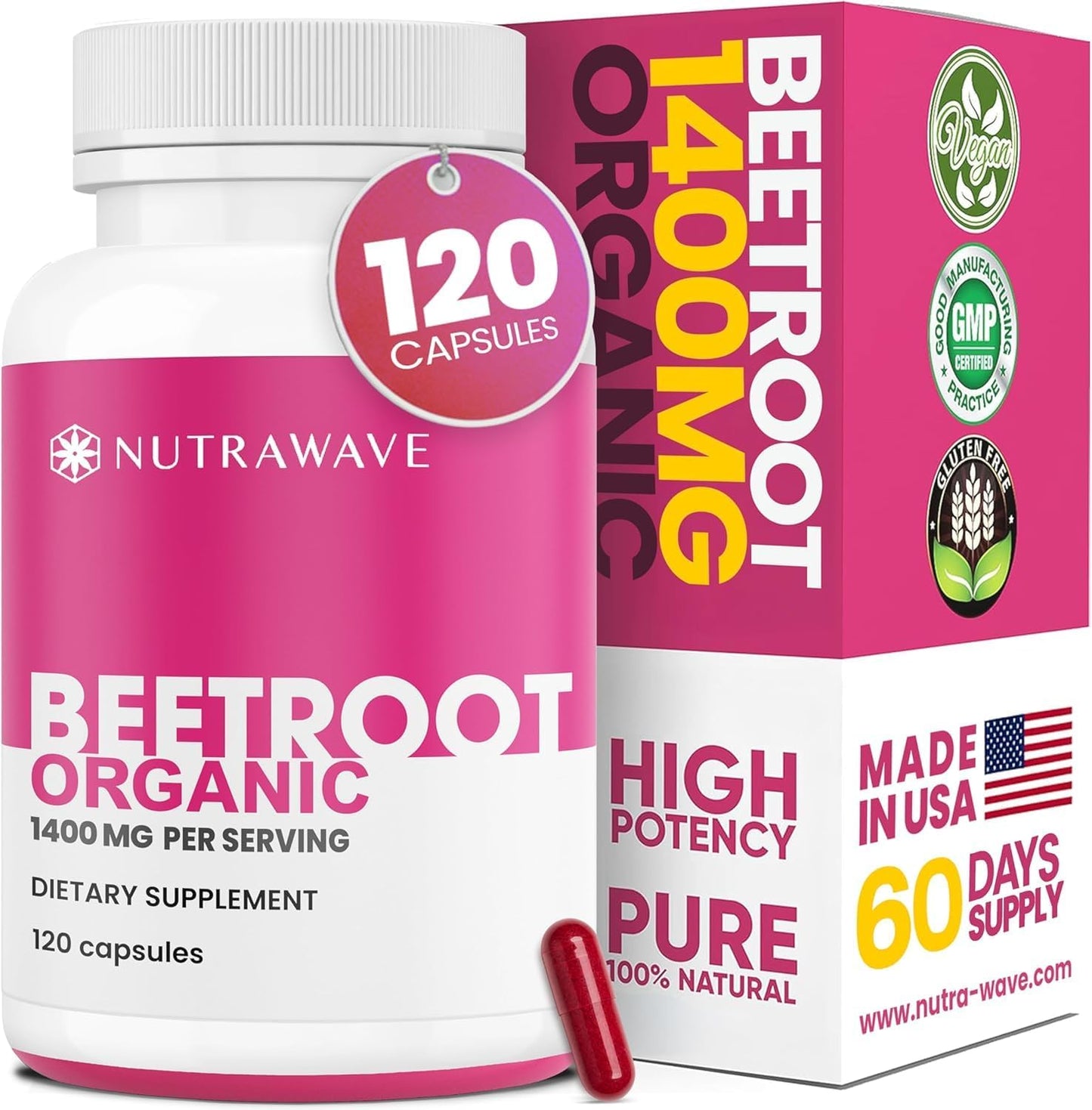 Nutra Wave 1400mg Organic Beet Root Capsules Per Serving – Nitric Oxide Booster for Men – Supports Blood Pressure, Energy, Circulation & Heart Health – Non-GMO, Vegan – 120 Capsules / 60 Day Supply - dailyvitalstore