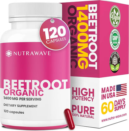 Nutra Wave 1400mg Organic Beet Root Capsules Per Serving – Nitric Oxide Booster for Men – Supports Blood Pressure, Energy, Circulation & Heart Health – Non-GMO, Vegan – 120 Capsules / 60 Day Supply - dailyvitalstore