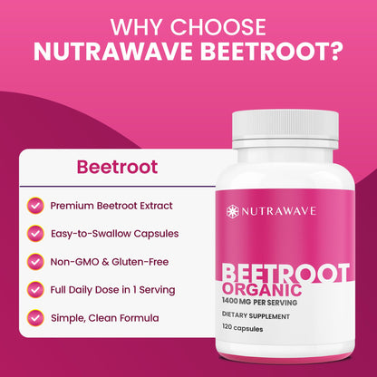 Nutra Wave 1400mg Organic Beet Root Capsules Per Serving – Nitric Oxide Booster for Men – Supports Blood Pressure, Energy, Circulation & Heart Health – Non-GMO, Vegan – 120 Capsules / 60 Day Supply - dailyvitalstore