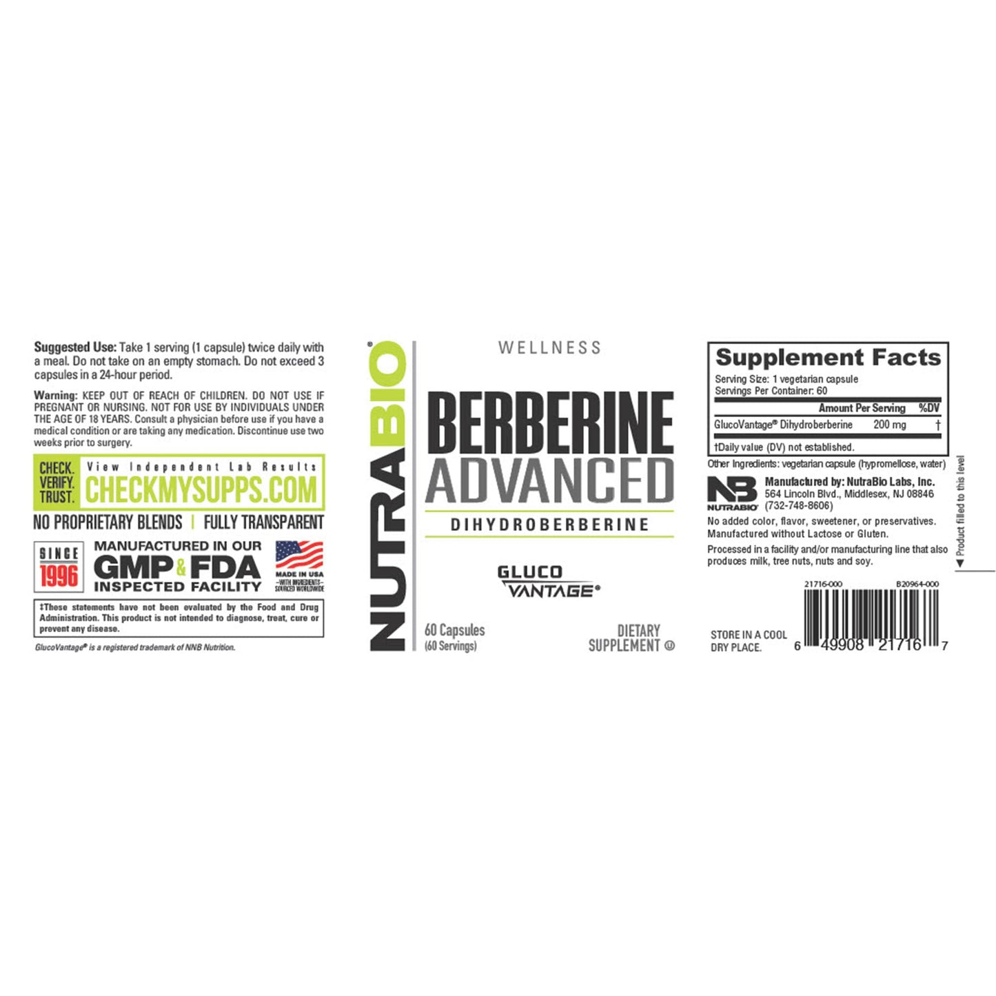 NutraBio Berberine Advanced Supplement (Dihydroberberine), 200 mg - Provides Advanced Absorption Carbohydrate Tolerance Support, 60 Caps - dailyvitalstore