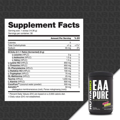 NutraBio – EAA Pure – 9 Amino Acids – Muscle Repair and Recovery, 30 Servings, Cherry Limeade – Pre or Post Workout – All Day Recovery - dailyvitalstore