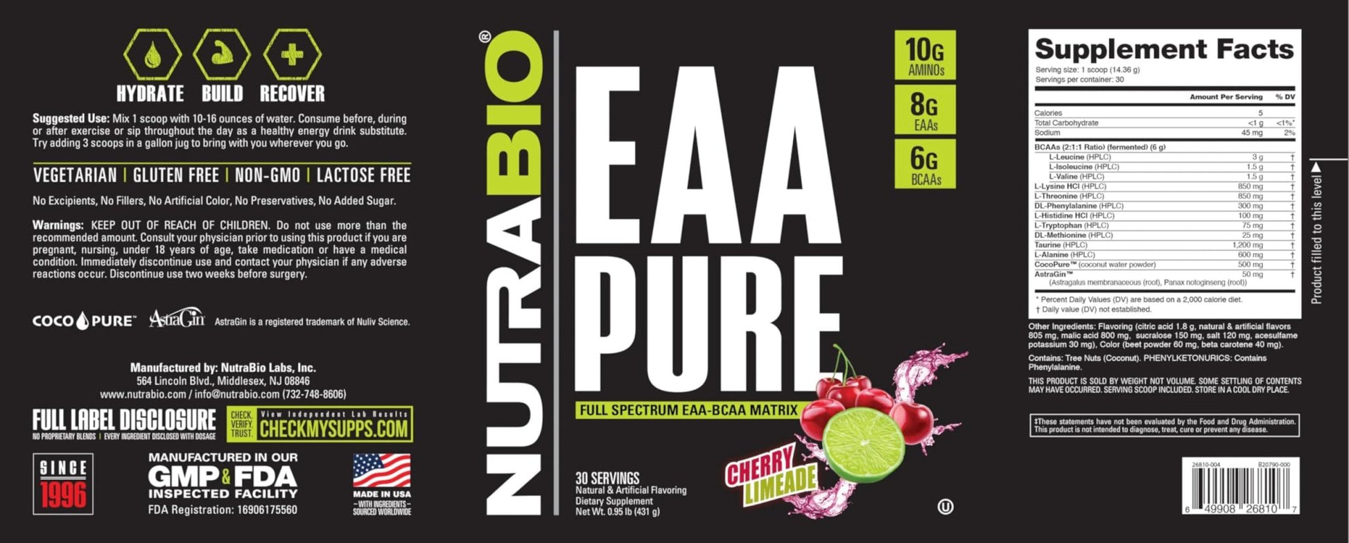 NutraBio – EAA Pure – 9 Amino Acids – Muscle Repair and Recovery, 30 Servings, Cherry Limeade – Pre or Post Workout – All Day Recovery - dailyvitalstore