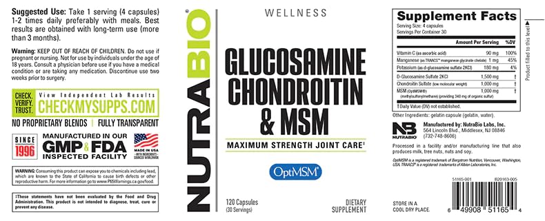 NutraBio Glucosamine Chondroitin & OptiMSM Supplement, Joint Support Formula - 120 Capsules (120 Count) - dailyvitalstore