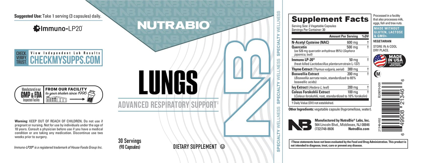 NutraBio Lungs Supplement - Blend of Immuno-LP20 and Natural Extracts to Help Support Respiratory & Immune Health - 90 Capsules - dailyvitalstore