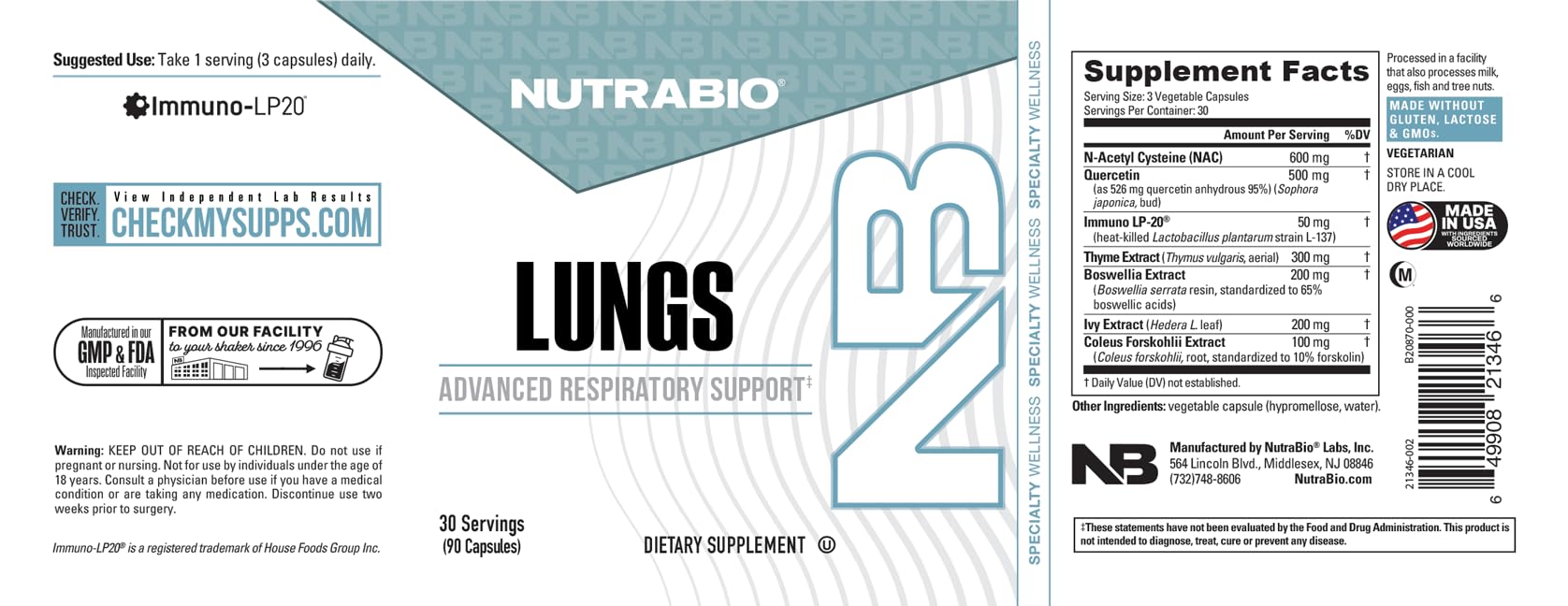 NutraBio Lungs Supplement - Blend of Immuno-LP20 and Natural Extracts to Help Support Respiratory & Immune Health - 90 Capsules - dailyvitalstore