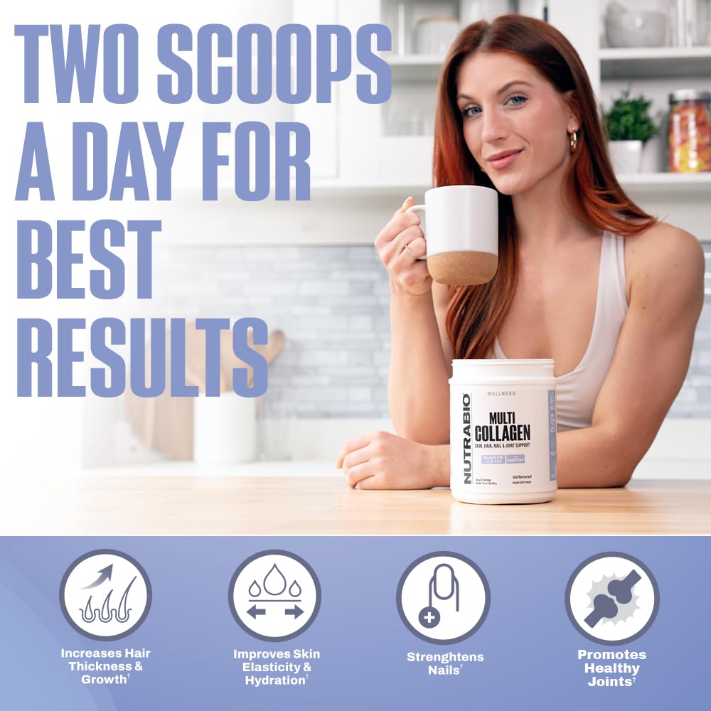 NutraBio Multi Collagen Powder - Hydrolyzed Collagen Peptides for Glowing Hair & Skin - Grass-Fed - Collagen Powder for Women and Men - 40 Servings- Unflavored - dailyvitalstore