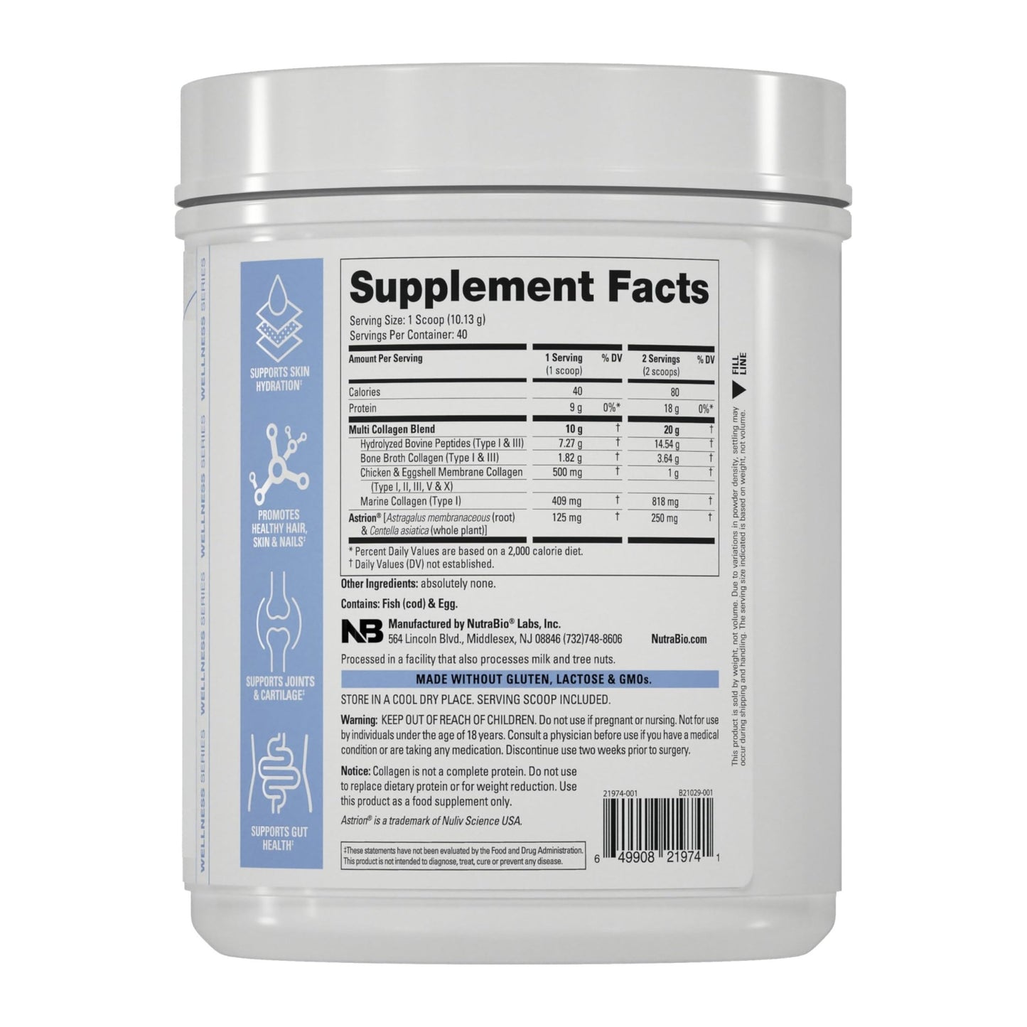 NutraBio Multi Collagen Powder - Hydrolyzed Collagen Peptides for Glowing Hair & Skin - Grass-Fed - Collagen Powder for Women and Men - 40 Servings- Unflavored - dailyvitalstore