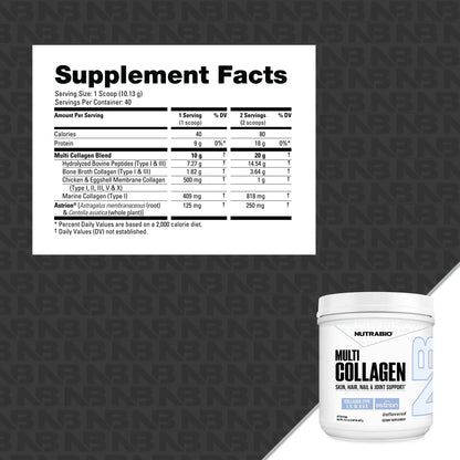NutraBio Multi Collagen Powder - Hydrolyzed Collagen Peptides for Glowing Hair & Skin - Grass-Fed - Collagen Powder for Women and Men - 40 Servings- Unflavored - dailyvitalstore