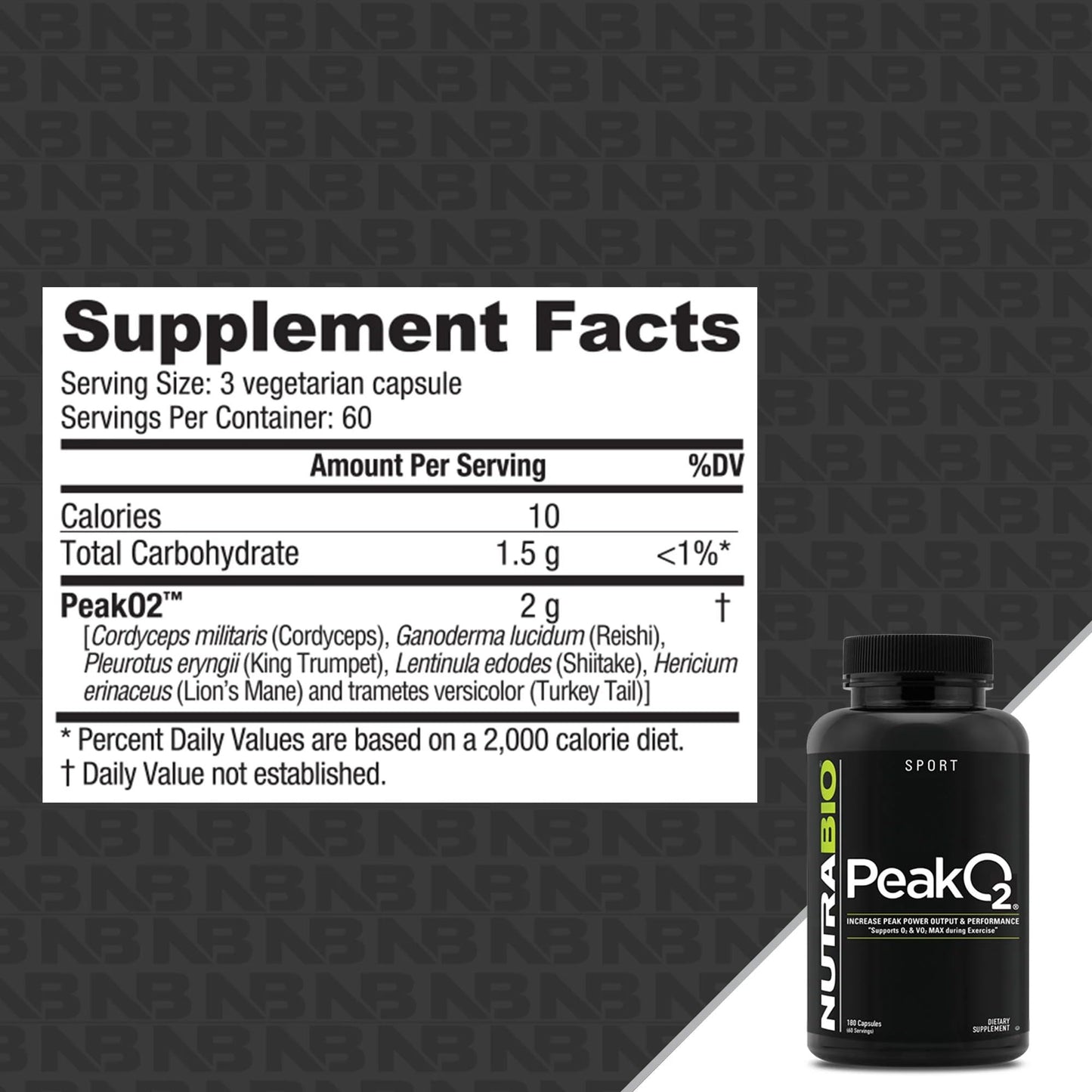 NutraBio PeakO2 Workout Supplement, 180 Capsules - Mushroom Blend Supplement to Help Enhance Athletic Performance and Overall Health, 60 Servings - dailyvitalstore