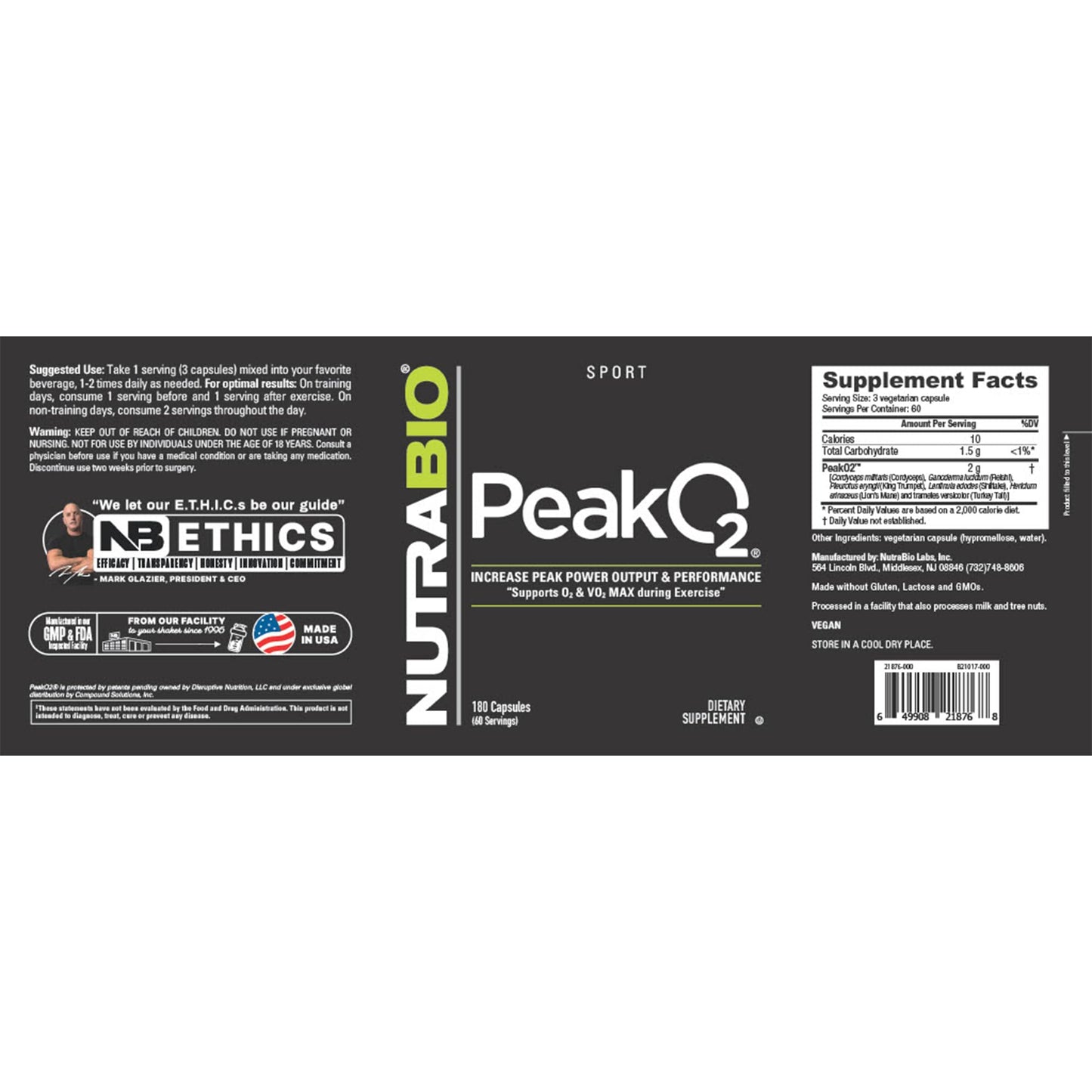 NutraBio PeakO2 Workout Supplement, 180 Capsules - Mushroom Blend Supplement to Help Enhance Athletic Performance and Overall Health, 60 Servings - dailyvitalstore