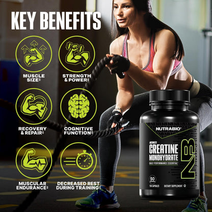 NutraBio Pure Micronized Creatine Monohydrate Capsules, Creatine Pills, Supports Bulk Muscle Energy, Recovery, and Strength - Keto Friendly, Kosher - dailyvitalstore