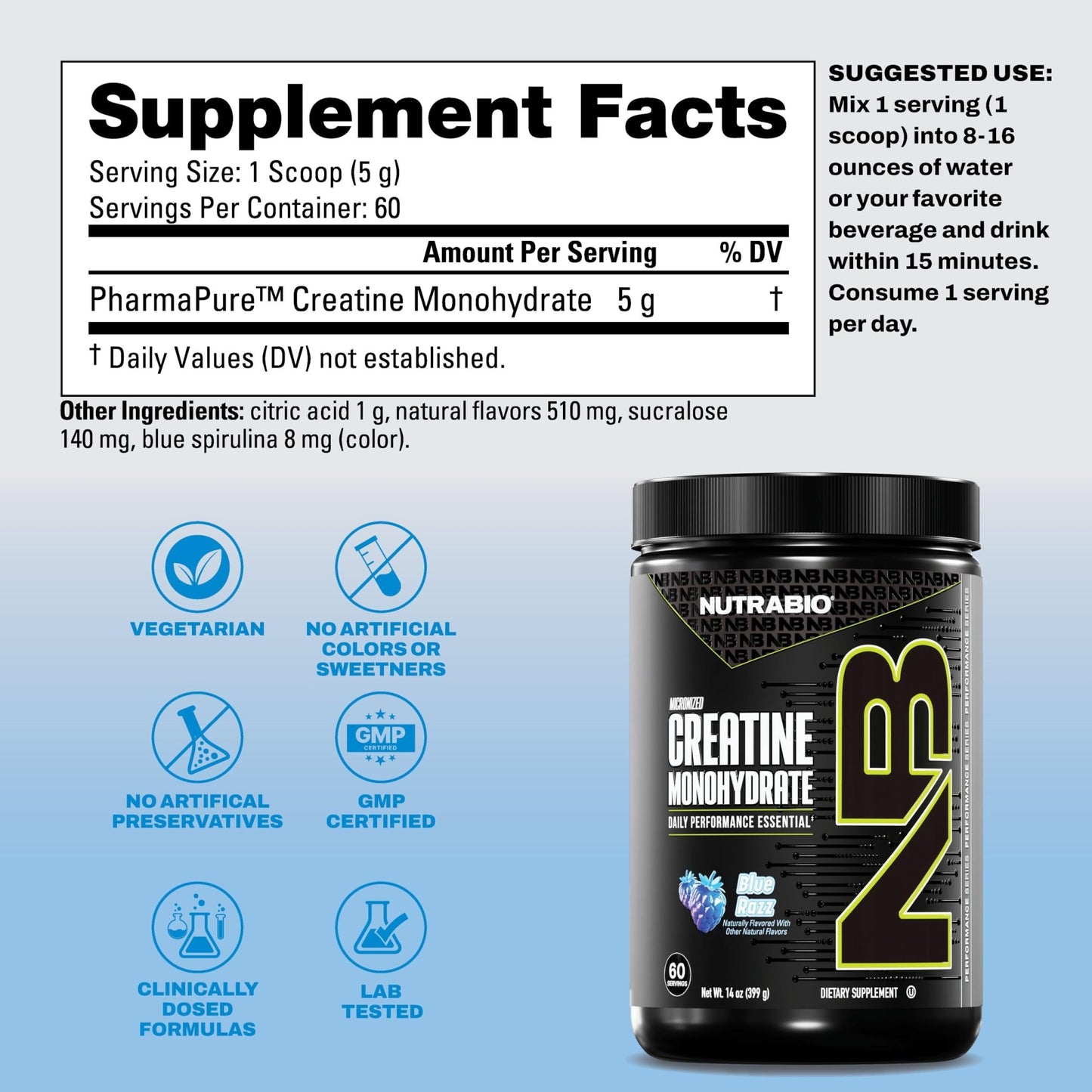 NutraBio Pure Micronized Creatine Monohydrate Powder Supplement, Blue Razz (300 g) - Supports Bulk Muscle Energy, Recovery, and Strength - HPLC Tested Creatine Powder Supplement for Men and Women - dailyvitalstore