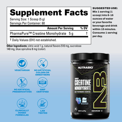 NutraBio Pure Micronized Creatine Monohydrate Powder Supplement, Blue Razz (300 g) - Supports Bulk Muscle Energy, Recovery, and Strength - HPLC Tested Creatine Powder Supplement for Men and Women - dailyvitalstore