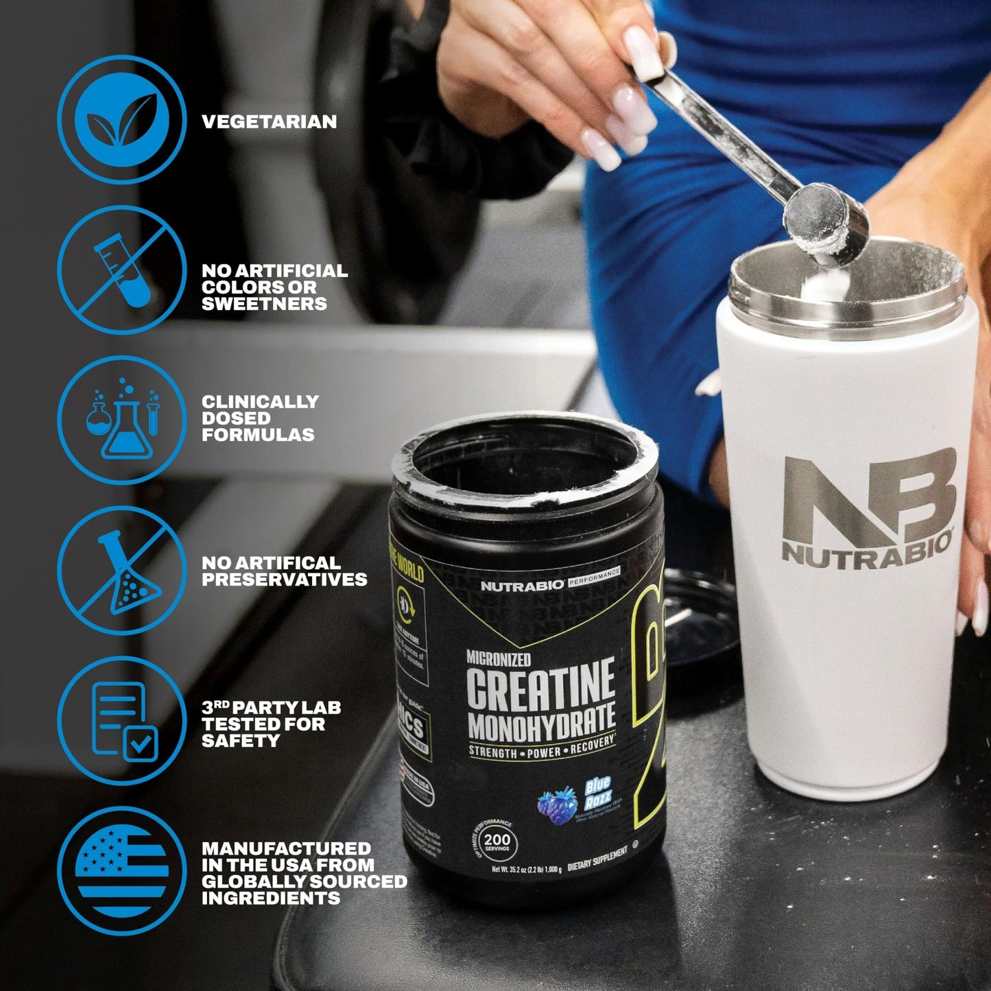 NutraBio Pure Micronized Creatine Monohydrate Powder Supplement, Blue Razz (300 g) - Supports Bulk Muscle Energy, Recovery, and Strength - HPLC Tested Creatine Powder Supplement for Men and Women - dailyvitalstore