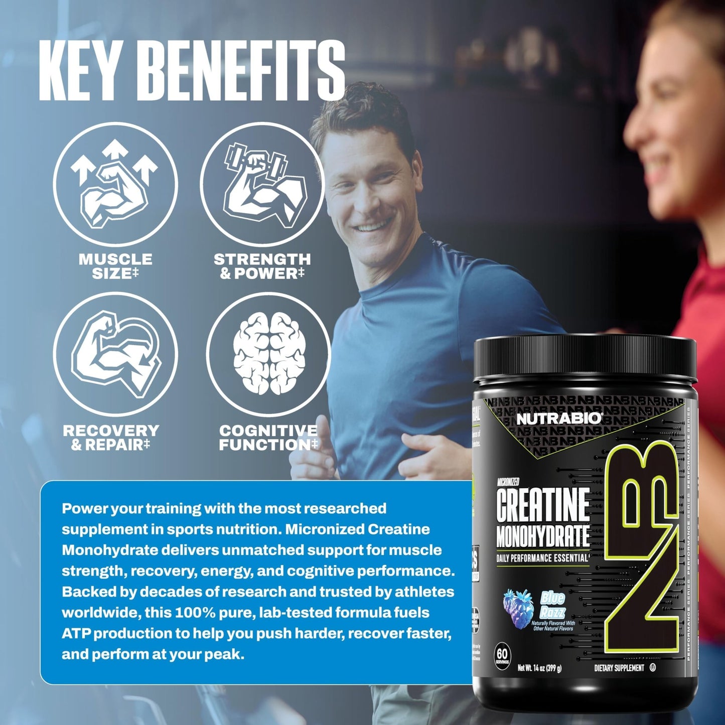 NutraBio Pure Micronized Creatine Monohydrate Powder Supplement, Blue Razz (300 g) - Supports Bulk Muscle Energy, Recovery, and Strength - HPLC Tested Creatine Powder Supplement for Men and Women - dailyvitalstore