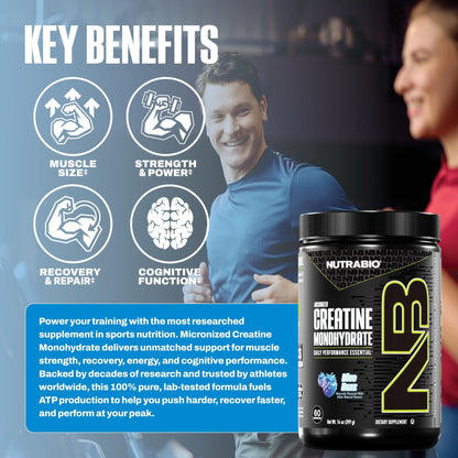 NutraBio Pure Micronized Creatine Monohydrate Powder Supplement, Blue Razz (300 g) - Supports Bulk Muscle Energy, Recovery, and Strength - HPLC Tested Creatine Powder Supplement for Men and Women - dailyvitalstore