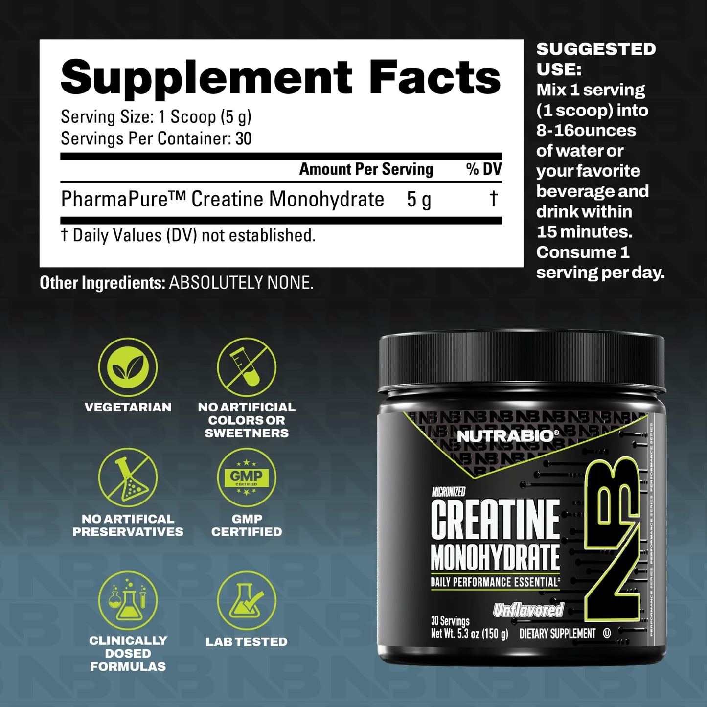 NutraBio Pure Micronized Creatine Monohydrate Powder Supplement, Unflavored, (150 g) - Supports Bulk Muscle Energy, Recovery, and Strength - HPLC Tested Creatine Powder Supplement for Men and Women - dailyvitalstore