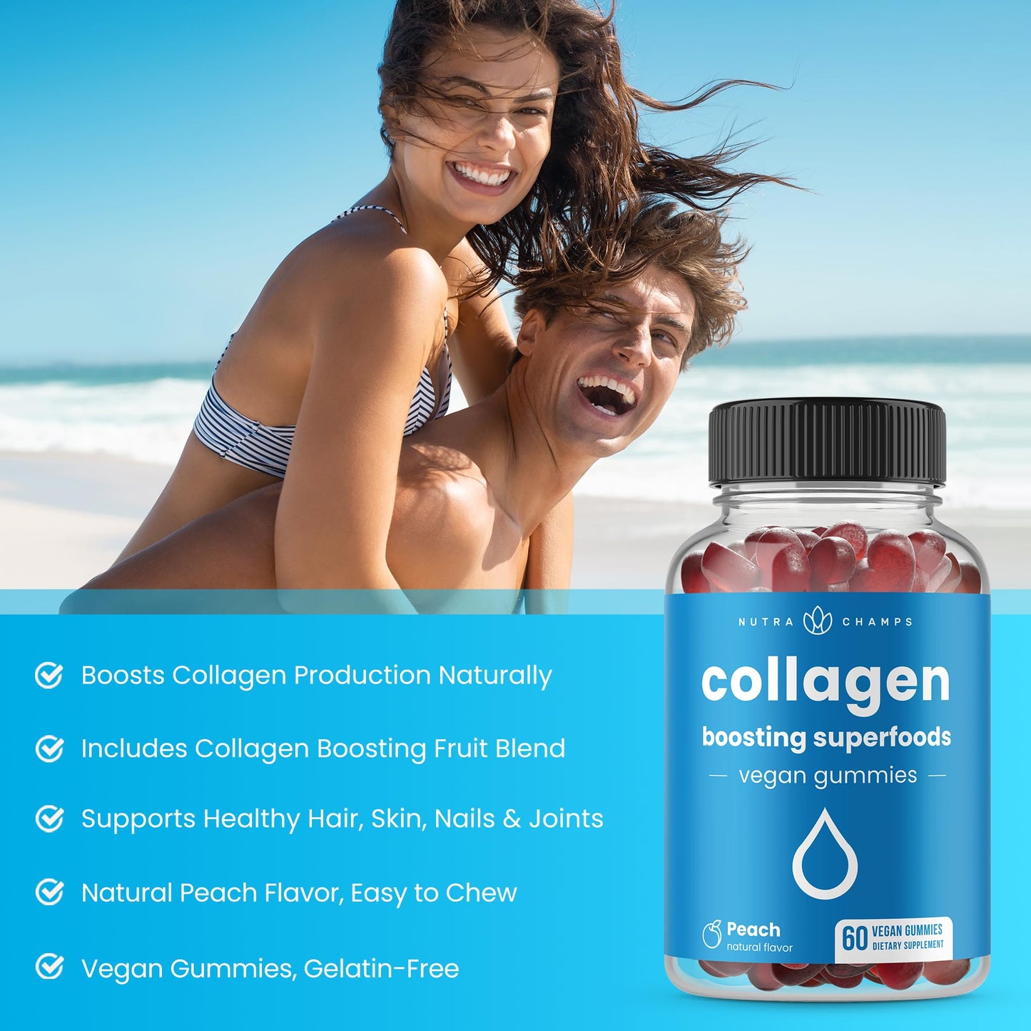 NutraChamps Collagen Boosting Gummies, Collagen Booster Gummy for Natural Collagen Production, Vegan Pectin Supplements Chews for Women & Men, - dailyvitalstore